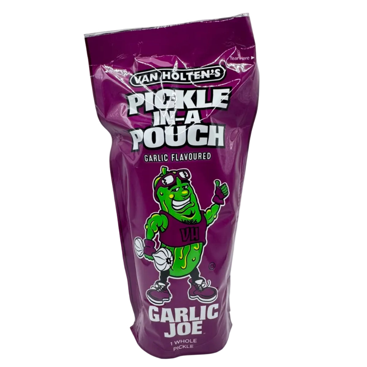 Lila Beutel Van Holten’s Pickle in a Pouch Garlic Joe mit einer ganzen Gewürzgurke